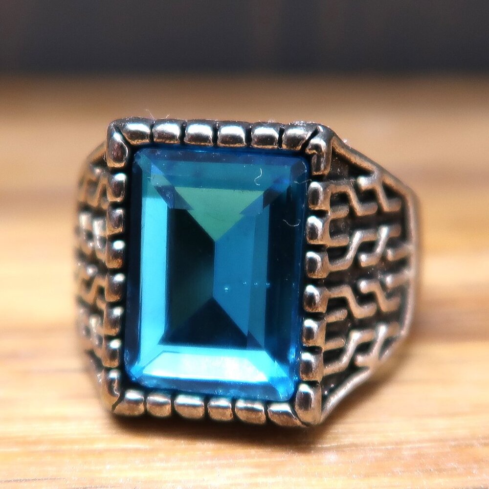 Men's Silver Tone Statement Ring Chunky Band Large Light Blue Rectangular Stone - Picture 8 of 8